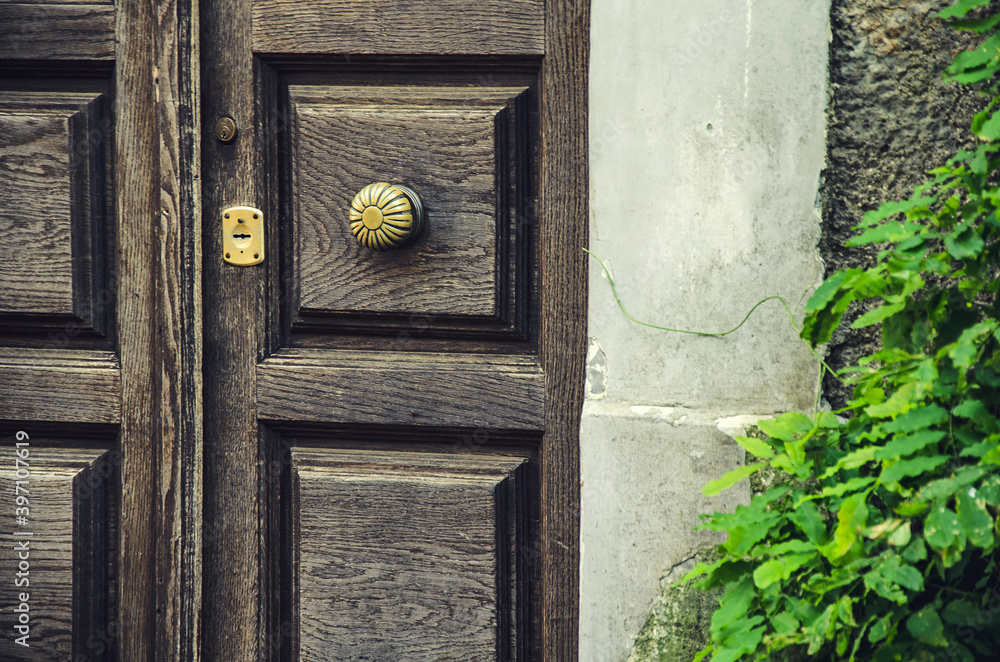 Old wooden door on the street of Naples, Italy