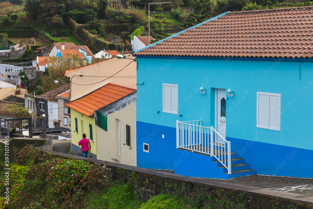 Sao Miguel island Portugal colorful houses blue 