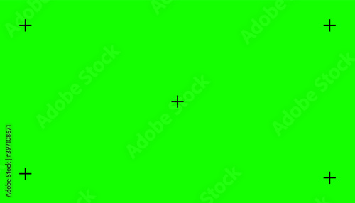 Chroma key, blank green background with motion tracking points. Visual effects compositing. Screen backdrop template. Vector illustration.