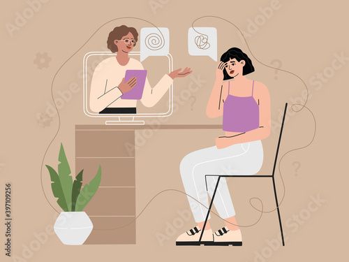 Online psychological support with a sad depressed woman concept. Girl sits at the computer and consults with a psychologist, conversation with mental disorder girl. Modern vector illustration