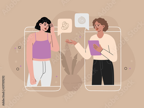 Online psychological session with a faceless depressed woman concept. Girl sits at the computer and consults with a psychologist, conversation with mental disorder girl. Trendy vector illustration