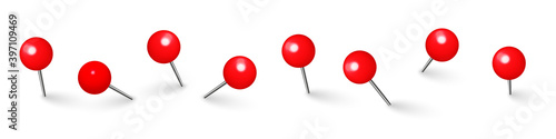 Realistic red push pins. Board tacks isolated on white background. Plastic pushpin with needle. Vector illustration.