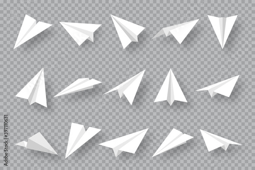 Realistic handmade paper planes collection on transparent background. Origami aircraft in flat style. Vector illustration.