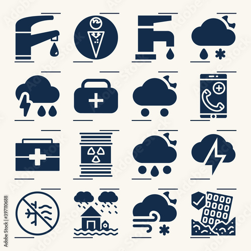 Simple set of disaster related filled icons.