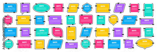 Set of colorful isolated quote frames. Speech bubbles with quotation marks. Blank text box and quotes. Blog post template. Vector illustration.