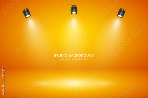 Empty orange studio abstract background with spotlight effect. Product showcase backdrop.