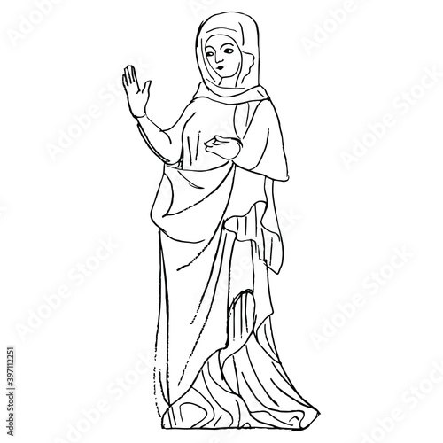 Standing medieval saint woman. Virgin Mary. Gothic lady. Hand drawn linear doodle ink sketch. Black silhouette on white background.