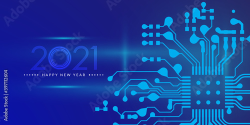 2021. Happy new year 2021 text design with circuit board technology background