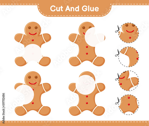 Fototapeta Naklejka Na Ścianę i Meble -  Cut and glue, cut parts of Gingerbread Man and glue them. Educational children game, printable worksheet, vector illustration