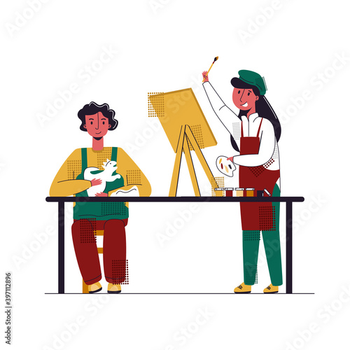 Vector flat illustration with concept of children s Amateur activities. It shows girl drawing picture on easel, boy sculpting dinosaur sculpture out of clay.