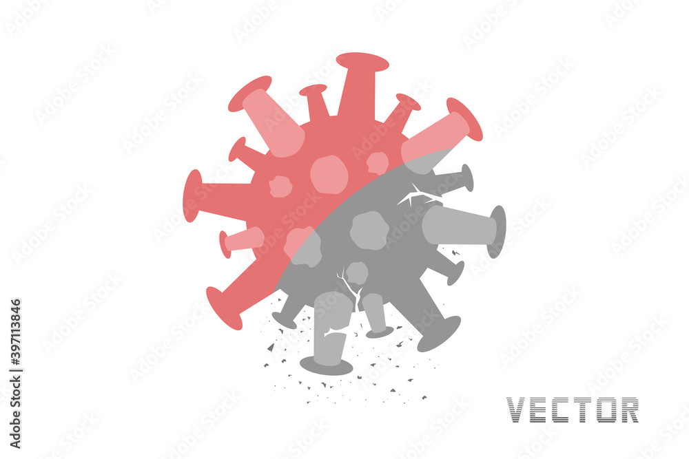 Coronavirus. The killing of bacteria. Covid-19 is dying. perishes. The virus breaks down into particles. Vector. Coronavirus. The killing of bacteria. Covid-19 is dying. perishes. The virus breaks down into particles. Vector.