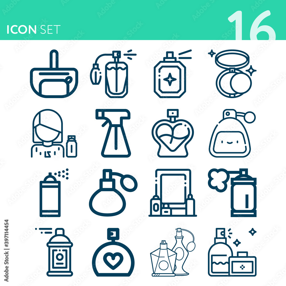 Simple set of 16 icons related to perfume samples Simple set of 16 icons related to perfume samples
