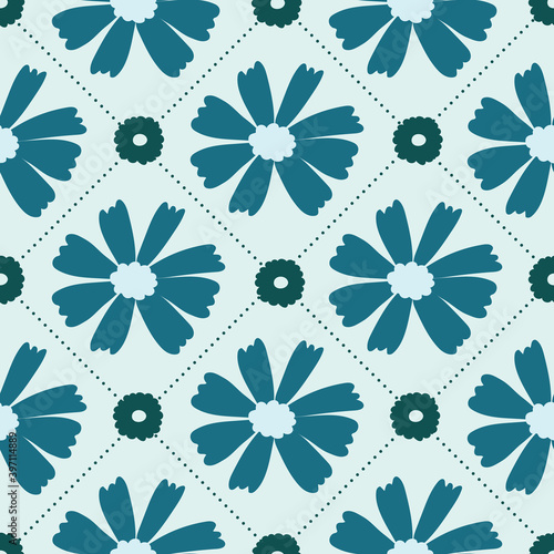 Blue and Green Daisy Geometric Polka Dot Seamless