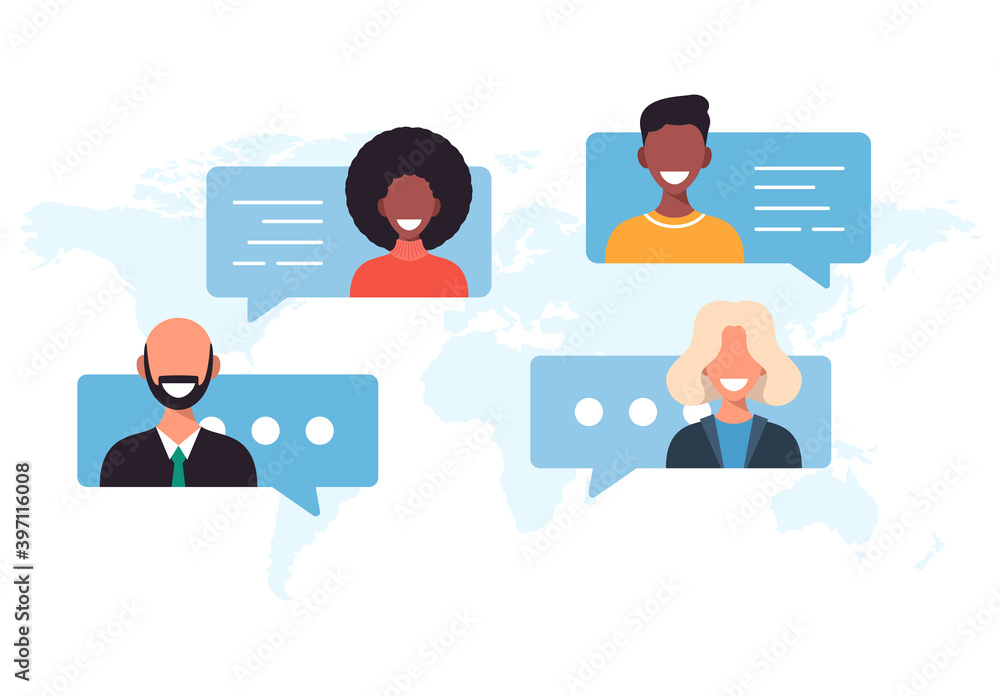 people on world map chat bubbles global communication teamwork connection concept avatar mix race man woman faces flat horizontal vector illustration