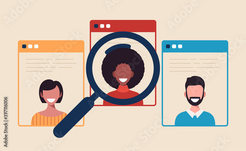 Business HR concept vector illustration. Magnifying glass chooses or Search Candidate to hire employee or workers for job. Mobile App Page Onboard Screen Set Concept Cartoon Flat Vector Illustration