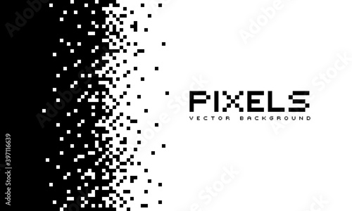 Illustration disintegrates or dissolves on the pixel pattern. Vector concept of technology. Place for text. Monochrome style. Isolated background