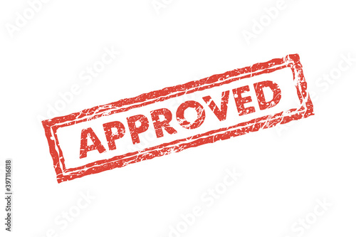 Grunge red approved square rubber seal stamp on white background