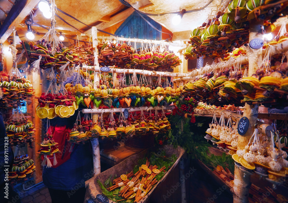 eco, christmas tree decorations made of dried fruits and spices at the Christmas fair