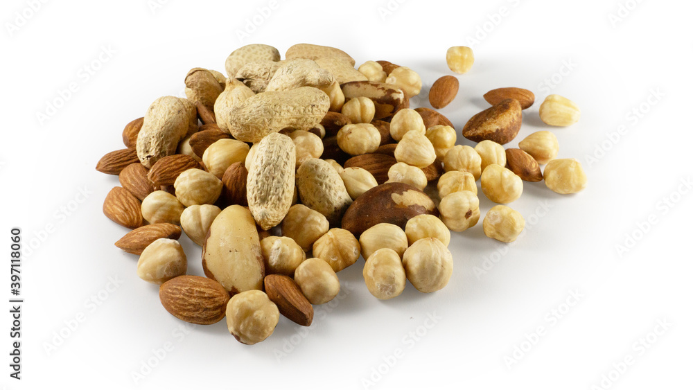 A handful of nuts on a white background