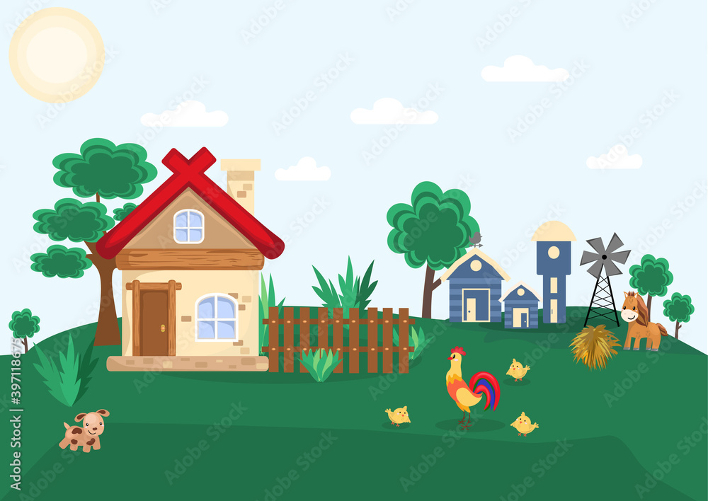 An illustration in a flat style. A country house in a village with a dog, cock and horse. 