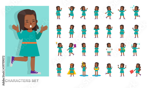 Set of kid character vector design. Girl wear green T-shirt and playing. Presentation in various action with emotions, running, standing and walking.