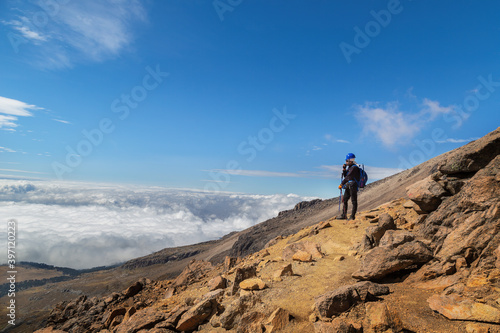 Closeup shot of a man on the volcano Popocatepetl in Mexico