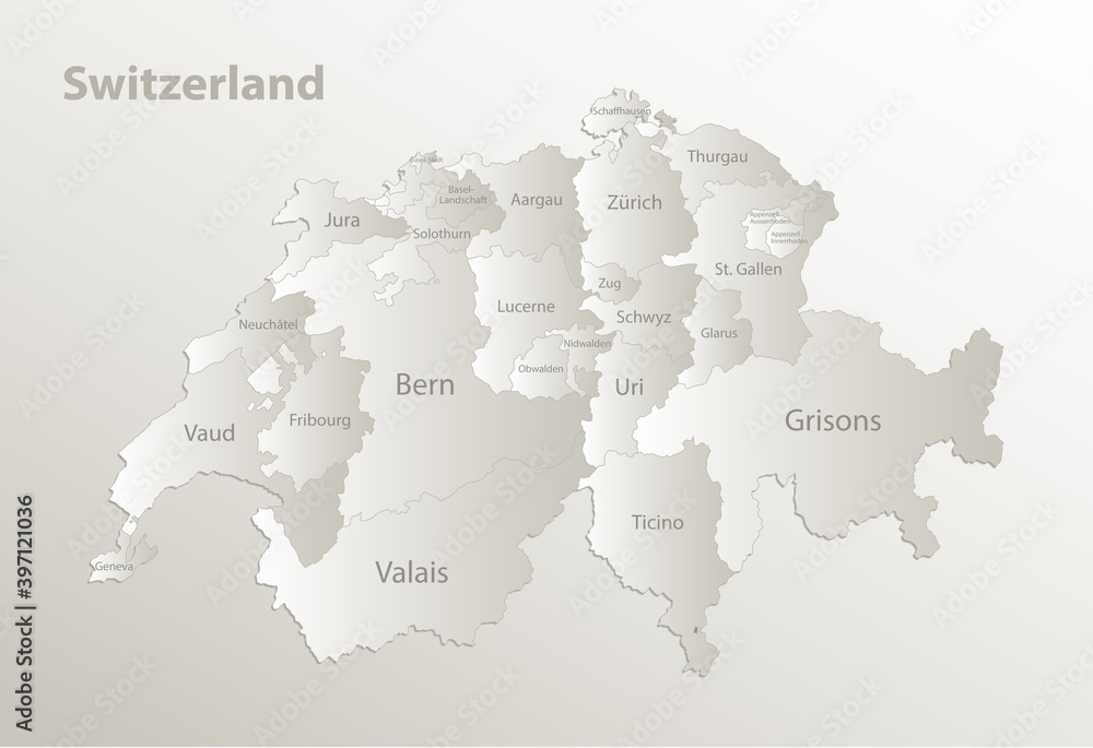 Switzerland map administrative division separates regions and names, card paper 3D natural vector