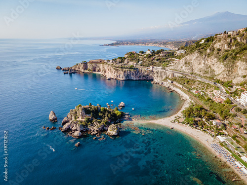 Fototapeta Naklejka Na Ścianę i Meble -  Isola Bella at Taormina, Sicily, Aerial view of the island and Isola Bella beach and blue ocean water in Taormina, Sicily, Italy Europe