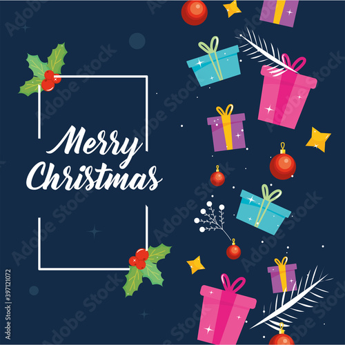 merry christmas frame with gifts and spheres vector design
