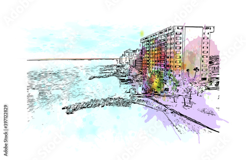 Building view with landmark of Clearwater is a city in Florida. Watercolour splash with hand drawn sketch illustration in vector.