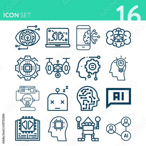 Simple set of 16 icons related to machine translation