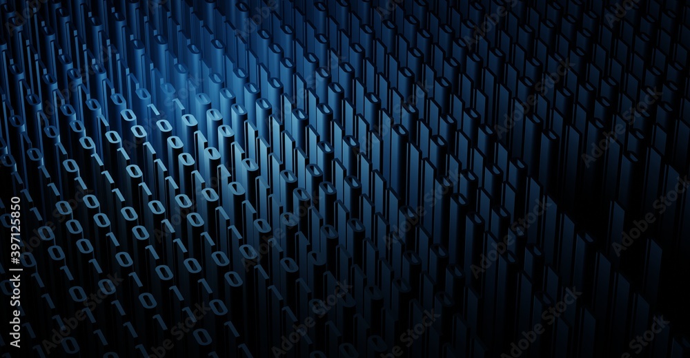 Fototapeta premium Creative 3d illustration of stream of binary code. Computer matrix background art design. Abstract concept graphic data, technology, decryption, algorithm, encryption element.