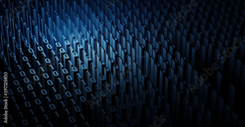 Creative 3d illustration of stream of binary code. Computer matrix background art design. Abstract concept graphic data  technology  decryption  algorithm  encryption element.