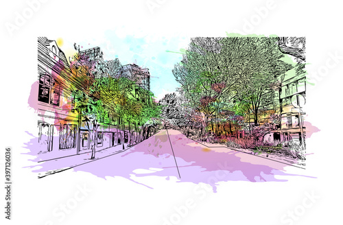 Building view with landmark of Ciudad Valles is a city in the state of San Luis Potosi, Mexico. Watercolour splash with hand drawn sketch illustration in vector.