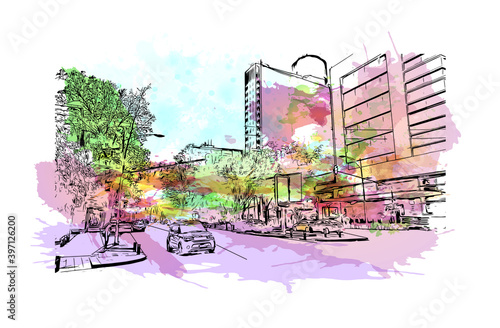 Building view with landmark of Ciudad Valles is a city in the state of San Luis Potosi, Mexico. Watercolour splash with hand drawn sketch illustration in vector.
