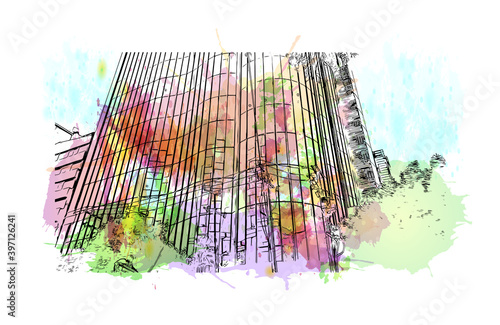 Building view with landmark of Ciudad Valles is a city in the state of San Luis Potosi, Mexico. Watercolour splash with hand drawn sketch illustration in vector.
