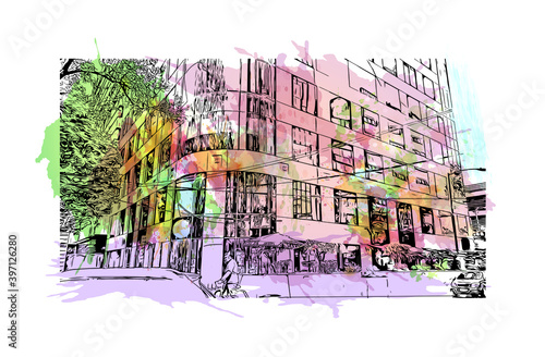 Building view with landmark of Ciudad Valles is a city in the state of San Luis Potosi, Mexico. Watercolour splash with hand drawn sketch illustration in vector.