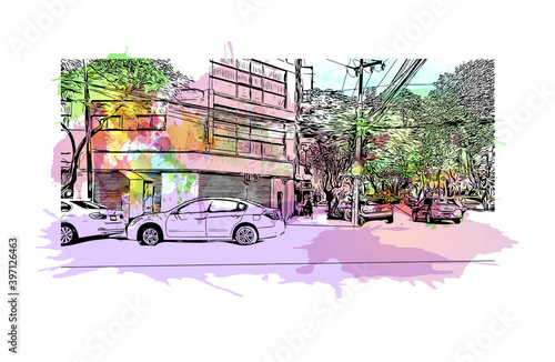 Building view with landmark of Ciudad Valles is a city in the state of San Luis Potosi, Mexico. Watercolour splash with hand drawn sketch illustration in vector.