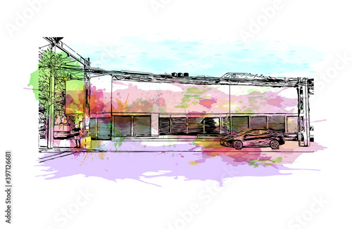 Building view with landmark of Ciudad Valles is a city in the state of San Luis Potosi, Mexico. Watercolour splash with hand drawn sketch illustration in vector.