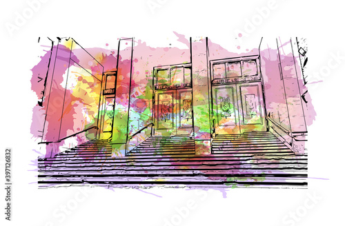 Building view with landmark of Ciudad Valles is a city in the state of San Luis Potosi, Mexico. Watercolour splash with hand drawn sketch illustration in vector.