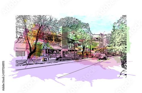 Building view with landmark of Ciudad Valles is a city in the state of San Luis Potosi, Mexico. Watercolour splash with hand drawn sketch illustration in vector.