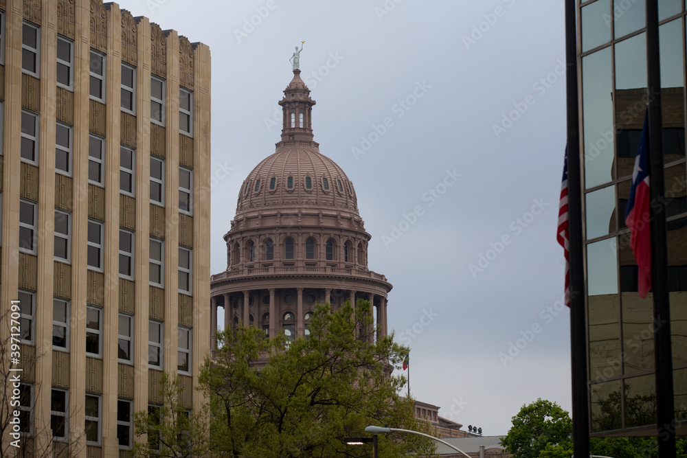 Spring, 2016 - Austin, Texas, USA - Austin Central Street in downtown. Texas capitol dome