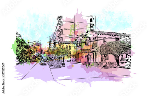 Building view with landmark of Ciudad Valles is a city in the state of San Luis Potosi, Mexico. Watercolour splash with hand drawn sketch illustration in vector.