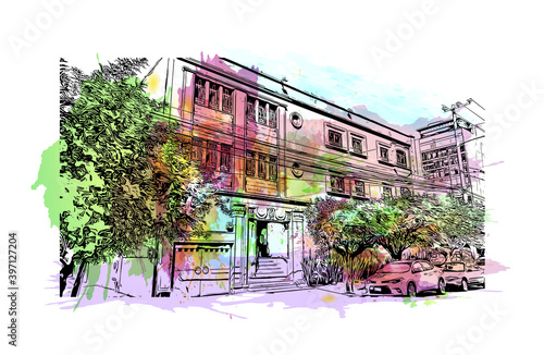 Building view with landmark of Ciudad Valles is a city in the state of San Luis Potosi, Mexico. Watercolour splash with hand drawn sketch illustration in vector.