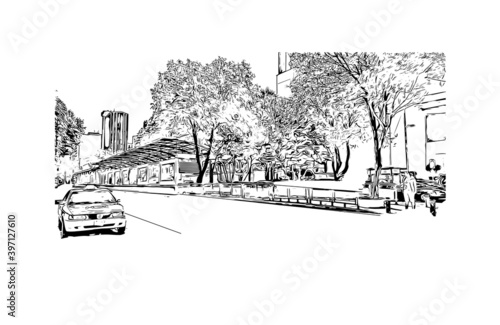 Building view with landmark of Ciudad Valles is a city in the state of San Luis Potosi, Mexico. Hand drawn sketch illustration in vector.