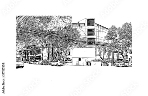 Building view with landmark of Ciudad Valles is a city in the state of San Luis Potosi, Mexico. Hand drawn sketch illustration in vector.