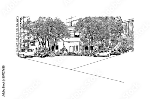Building view with landmark of Ciudad Valles is a city in the state of San Luis Potosi, Mexico. Hand drawn sketch illustration in vector.