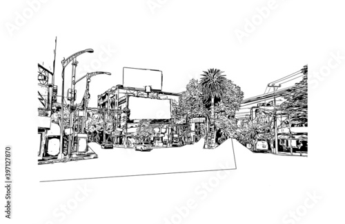 Building view with landmark of Ciudad Valles is a city in the state of San Luis Potosi, Mexico. Hand drawn sketch illustration in vector.