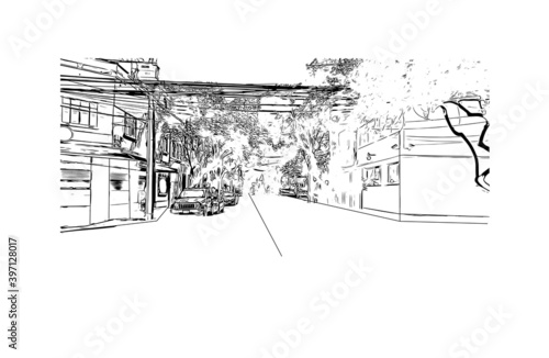 Building view with landmark of Ciudad Valles is a city in the state of San Luis Potosi, Mexico. Hand drawn sketch illustration in vector.