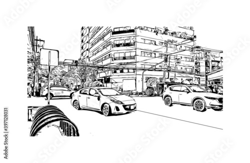 Building view with landmark of Ciudad Valles is a city in the state of San Luis Potosi, Mexico. Hand drawn sketch illustration in vector.